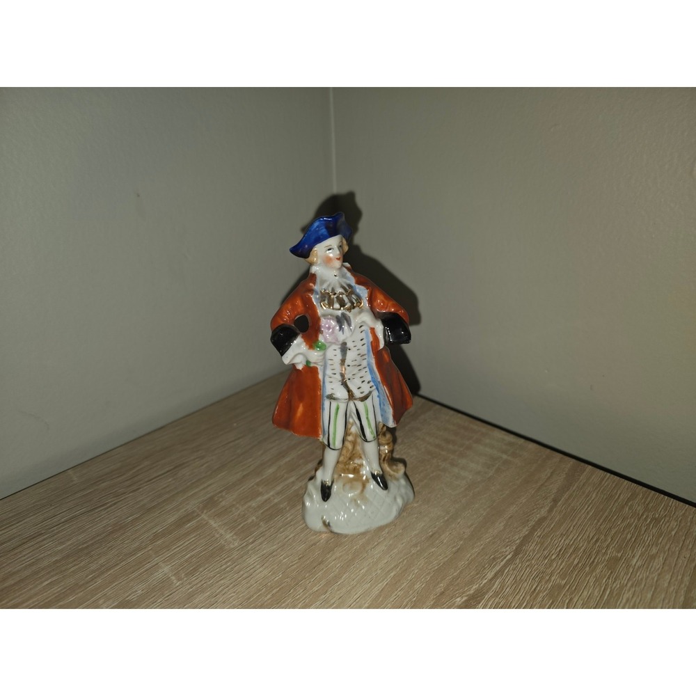 Vintage Occupied Japan Porcelain Colonial Gentleman Figurine Orange Blue Coat